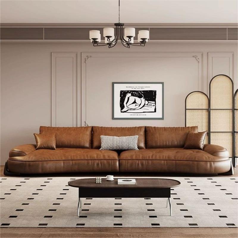 Italian minimalist leather sofa with curved retro top layer cowhide living room, modern and minimalist designer sofa combination