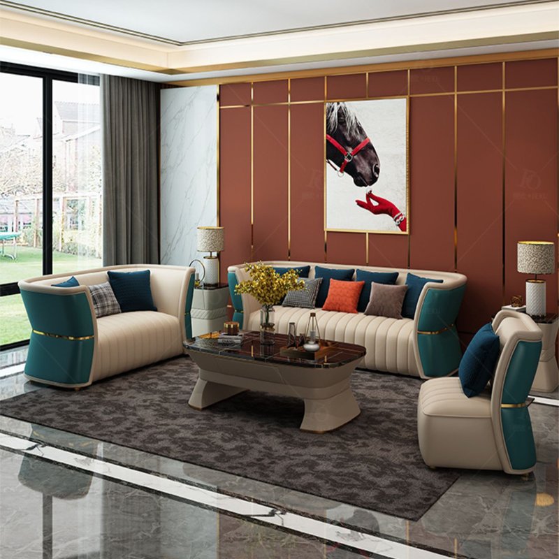 Modern European style Luxury Villa living room leather sofa set with coffee table TV stand furniture