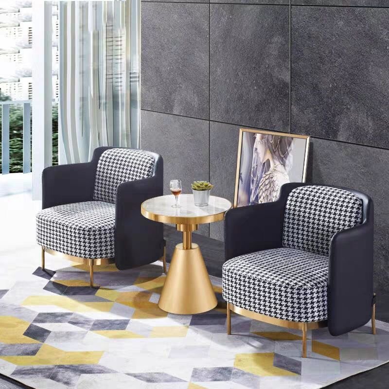Modern living roomfurniture set pu leather houndstooth fabric living room lounge seating sofas chairs with stainless steel legs