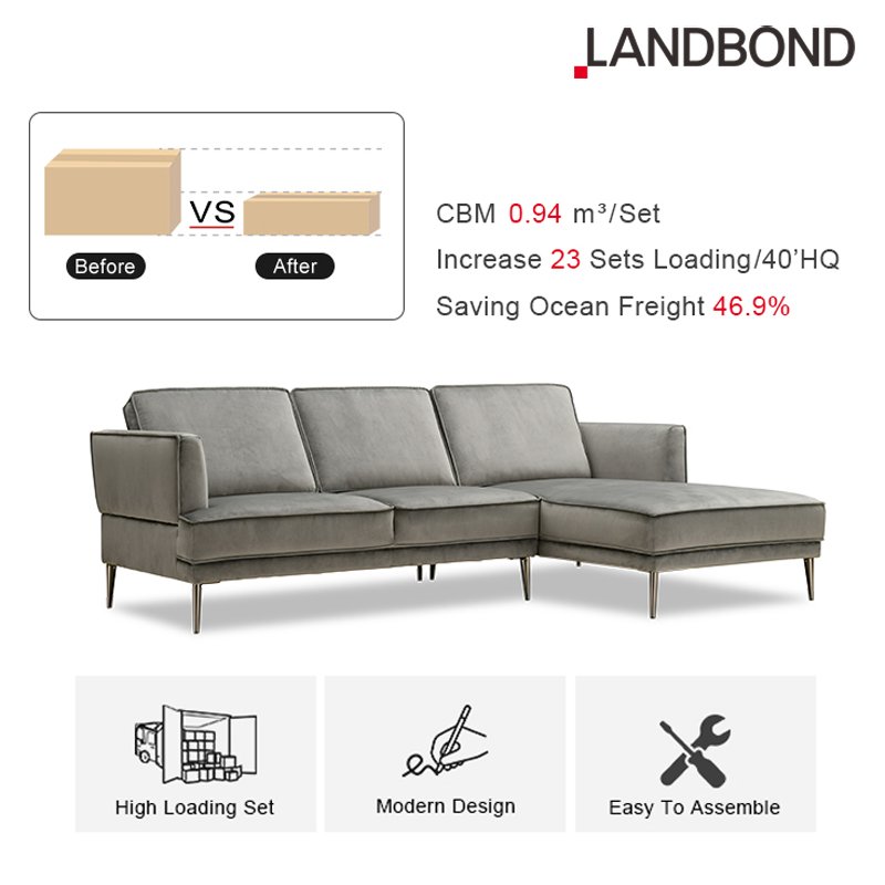 LANDBOND Fabric L Shape Smooth Comfort Full KD Modern Designs Living Room Furniture Velvet Sofa Set for hotel and apartment
