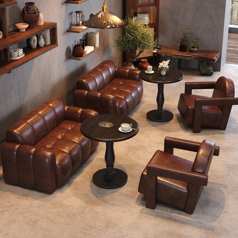 Unionwood Factory Price Brown Leather Seat And Table Set Hotel Coffee Shop Sofa Set Furniture Living Room Sofas