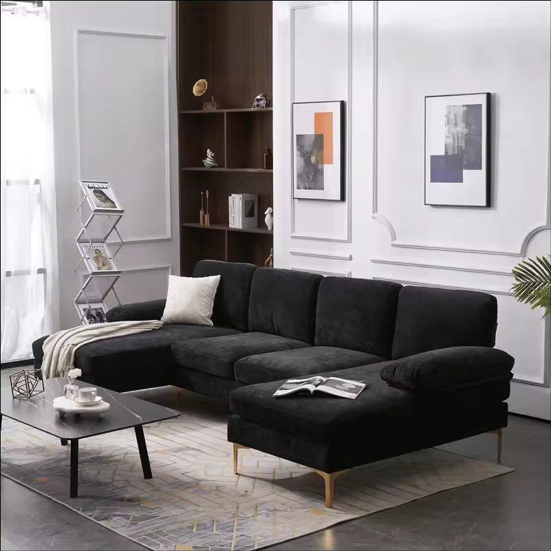 Sans E-Commerce U Shape Black Fabric Sectional Couches Luxury Living Room Sofa