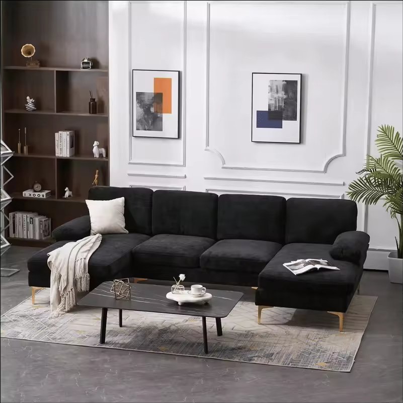 Sans E-Commerce U Shape Black Fabric Sectional Couches Luxury Living Room Sofa