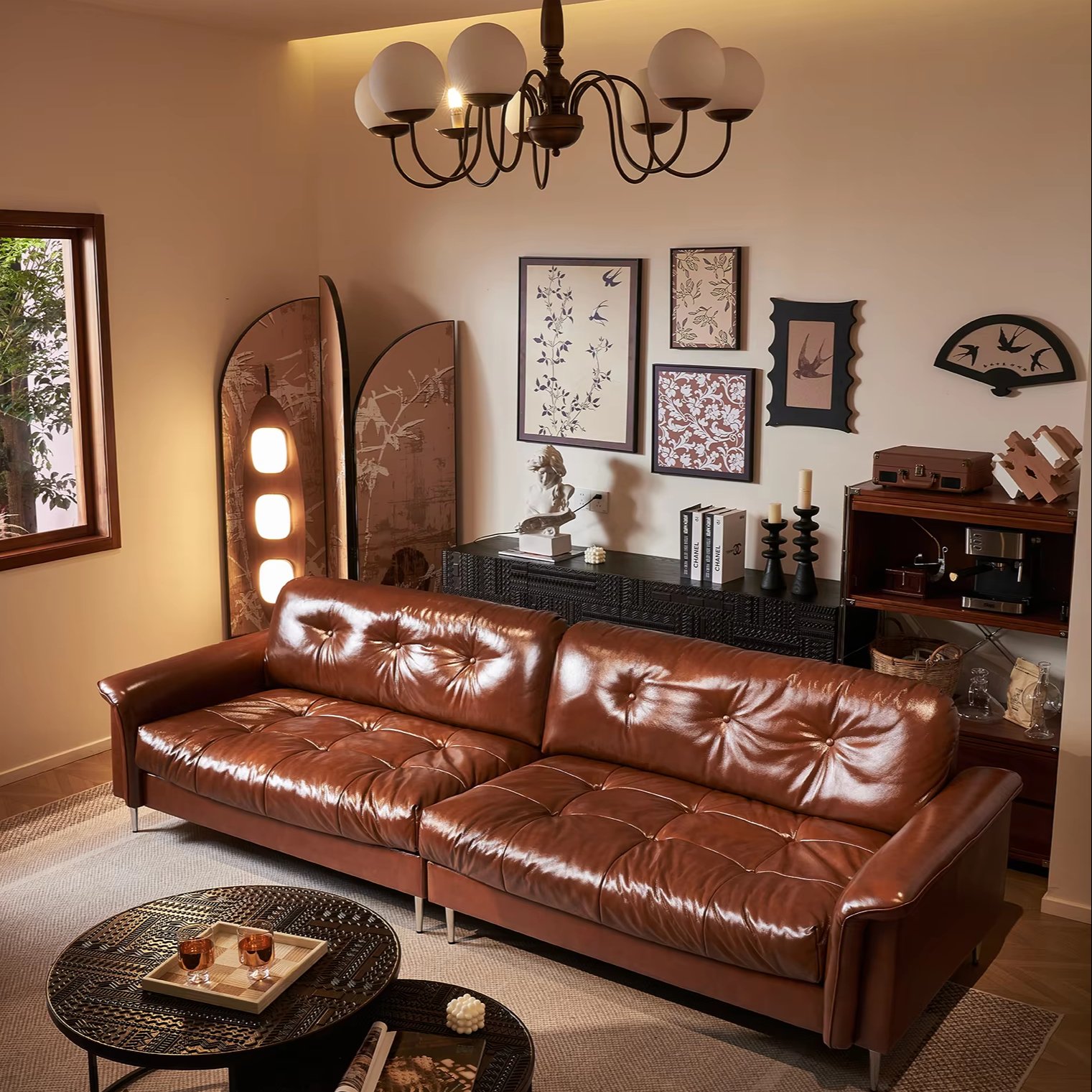 2024 New Arrival Retro Oil Wax Leather Straight Line Head Layer Furniture Living Room Sofas