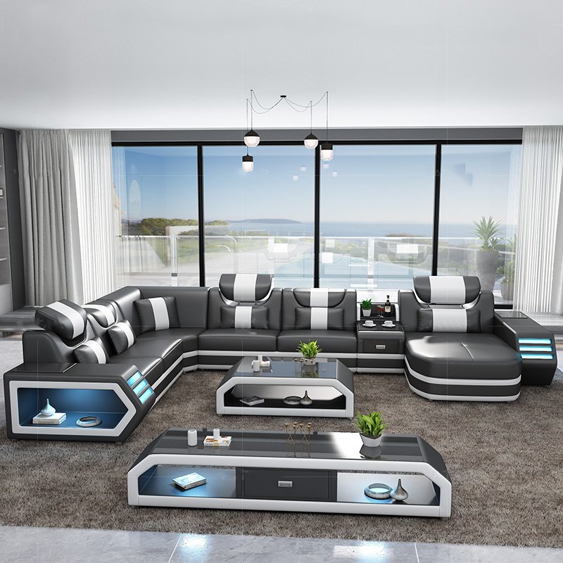 2022 factory hot sale genuine leather living room sofa with LED light and USB speaker