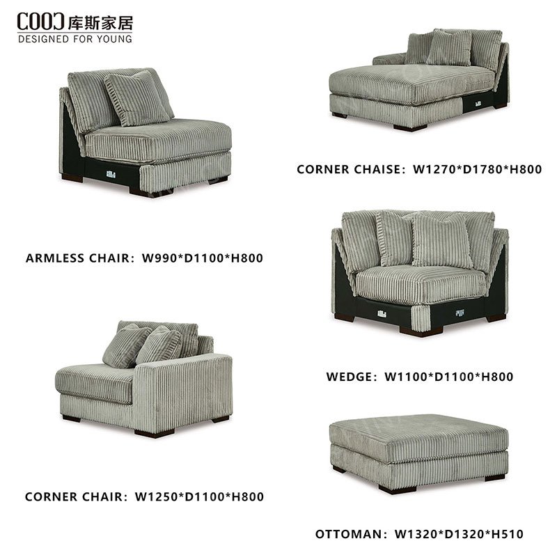 Grey Fabric Luxury Modern Home Living Room Furniture Comfy Oversized Fluffy Corduroy Modular Sectional Couch Sofa Set