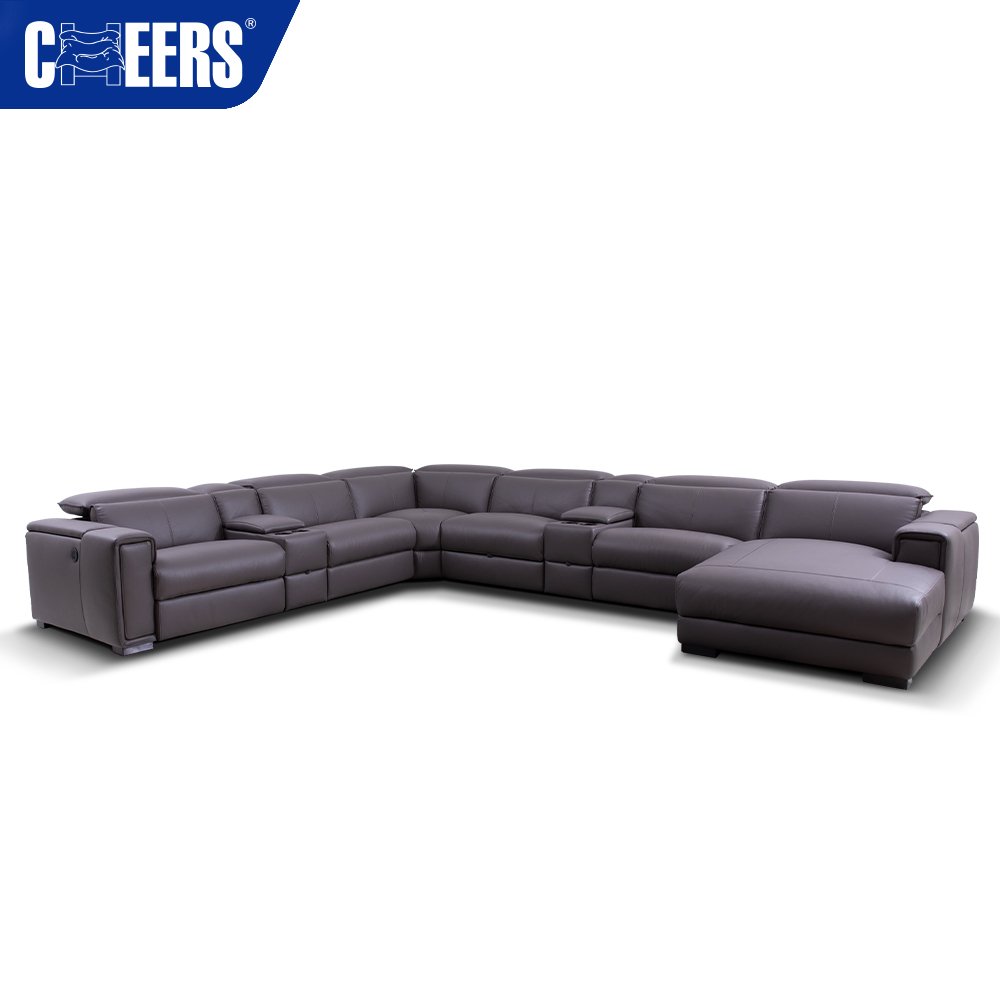 Leather Luxury Cheap Recliner Living Room Sofa Set Sectional Couch For Sale With Cup Holder Storage Box And Folding Headrest