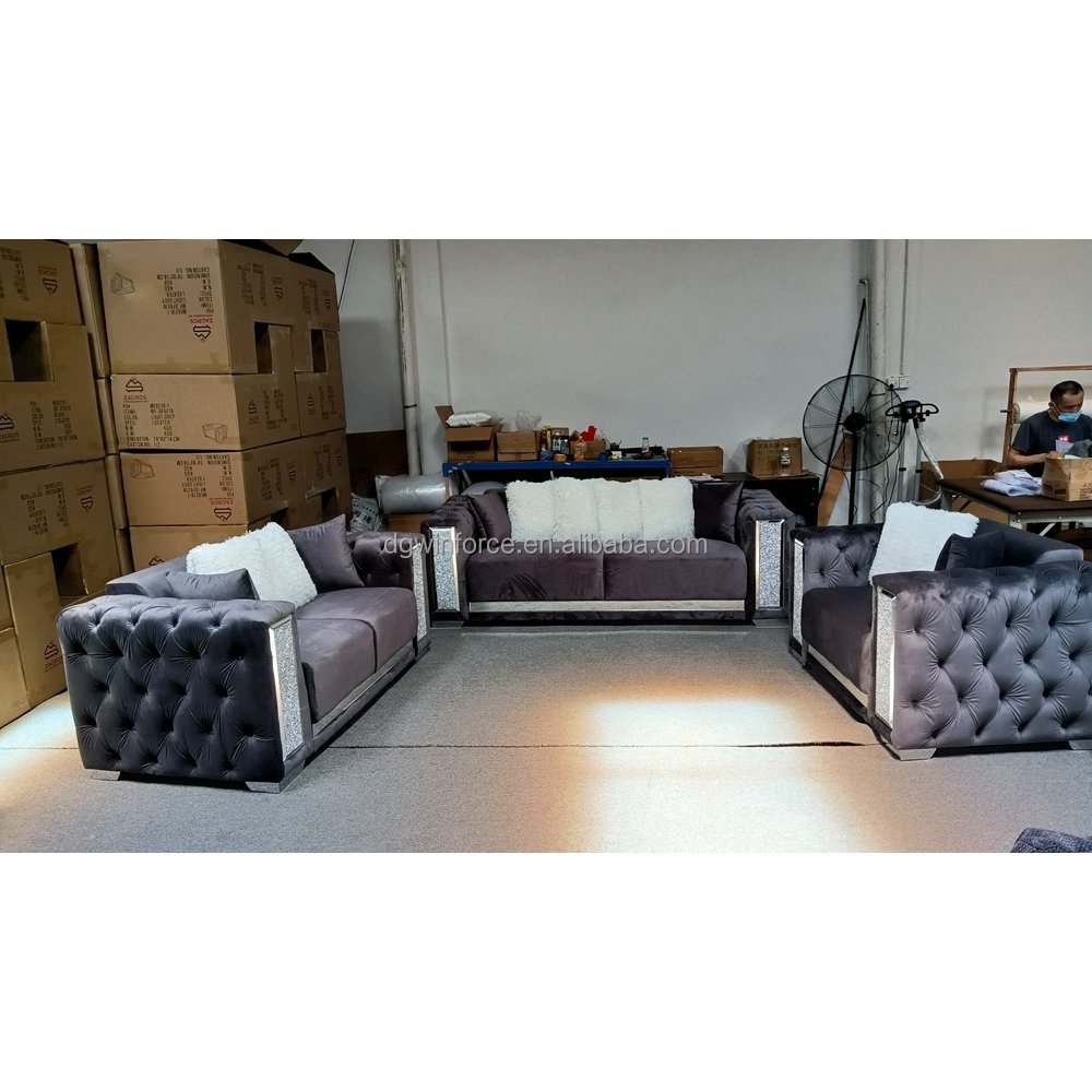 Winforce Faux Diamond Tufted Luxury Sofa Couches Elegant Living Room Sofa Set Furniture 3 Seater Velvet Chesterfield Sofa