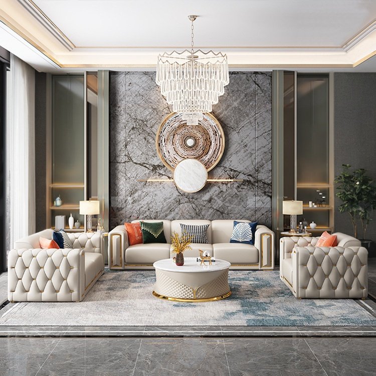 Home Modern Luxury High Grade Living Room Sofa Set Furniture Upholstered Full Leather Button Tufted 1+2+3 Sofas