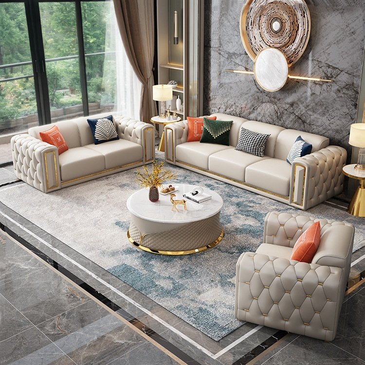 Home Modern Luxury High Grade Living Room Sofa Set Furniture Upholstered Full Leather Button Tufted 1+2+3 Sofas