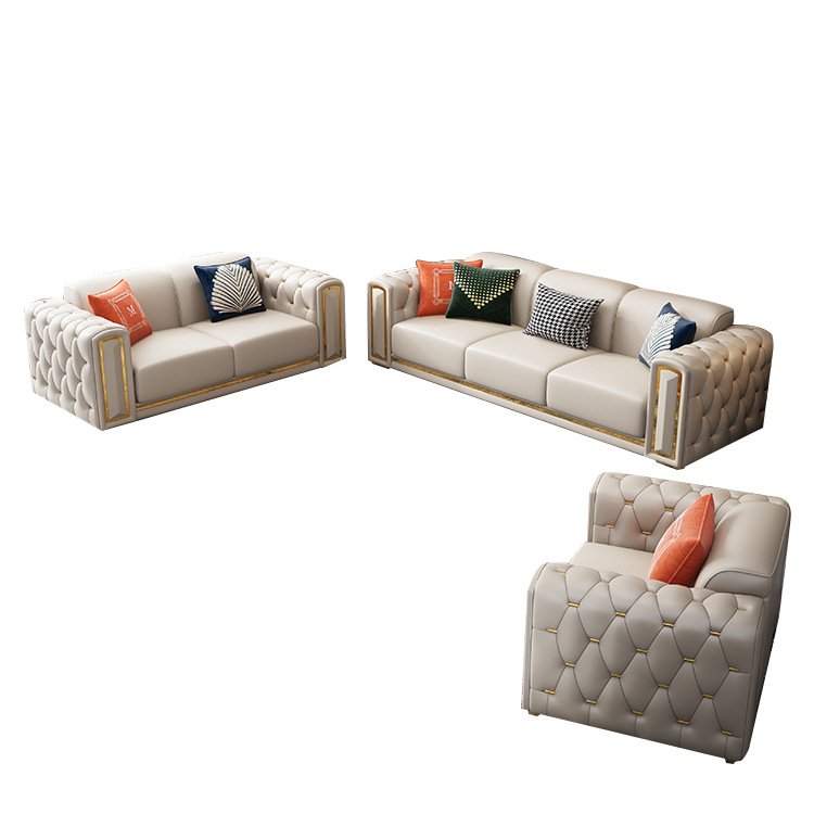 Home Modern Luxury High Grade Living Room Sofa Set Furniture Upholstered Full Leather Button Tufted 1+2+3 Sofas