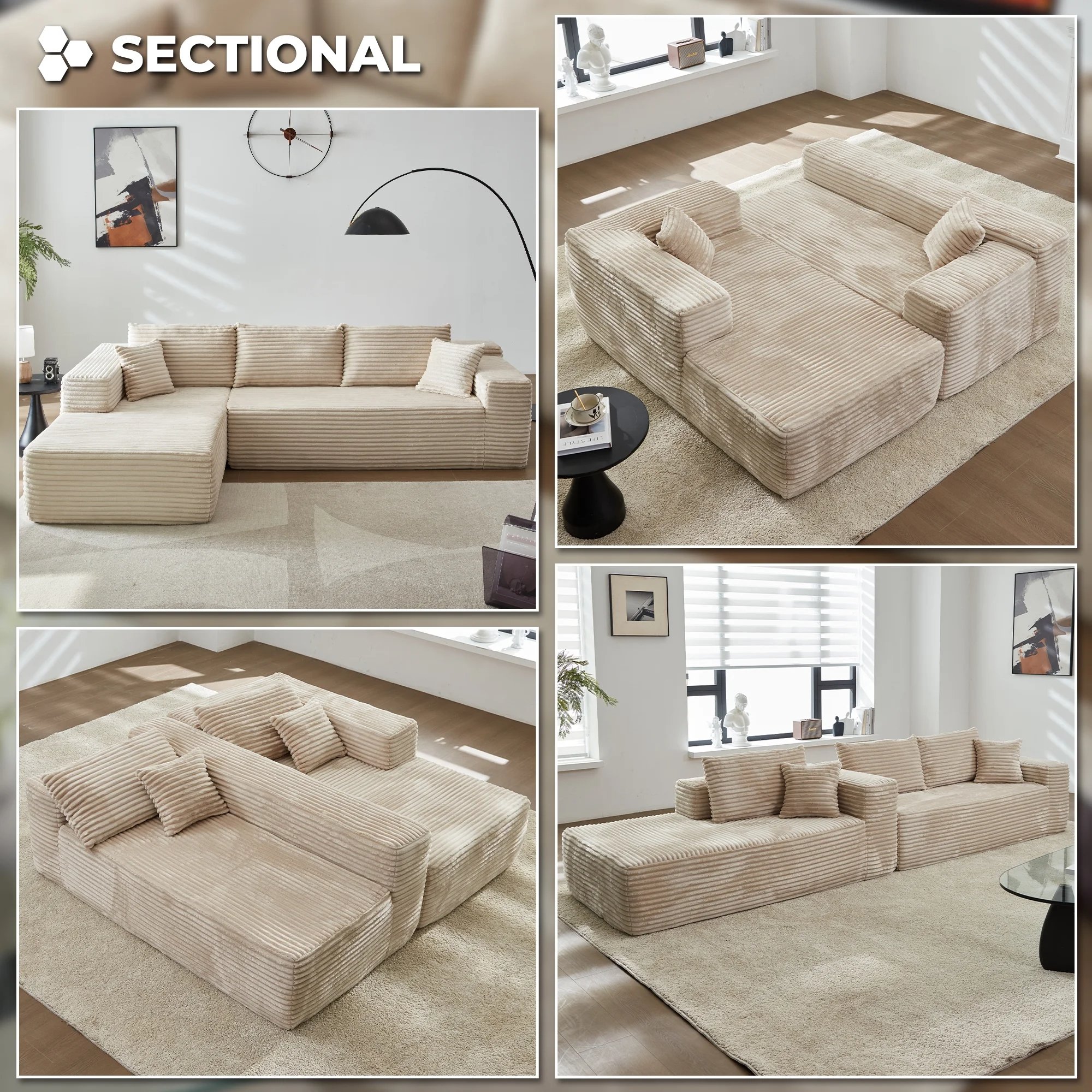 Deep Seat 2-Piece Corduroy Fabric L-Shape Modular Sectional Sofa With Chaise Upholstered Living Room Sofas No Assembly Required
