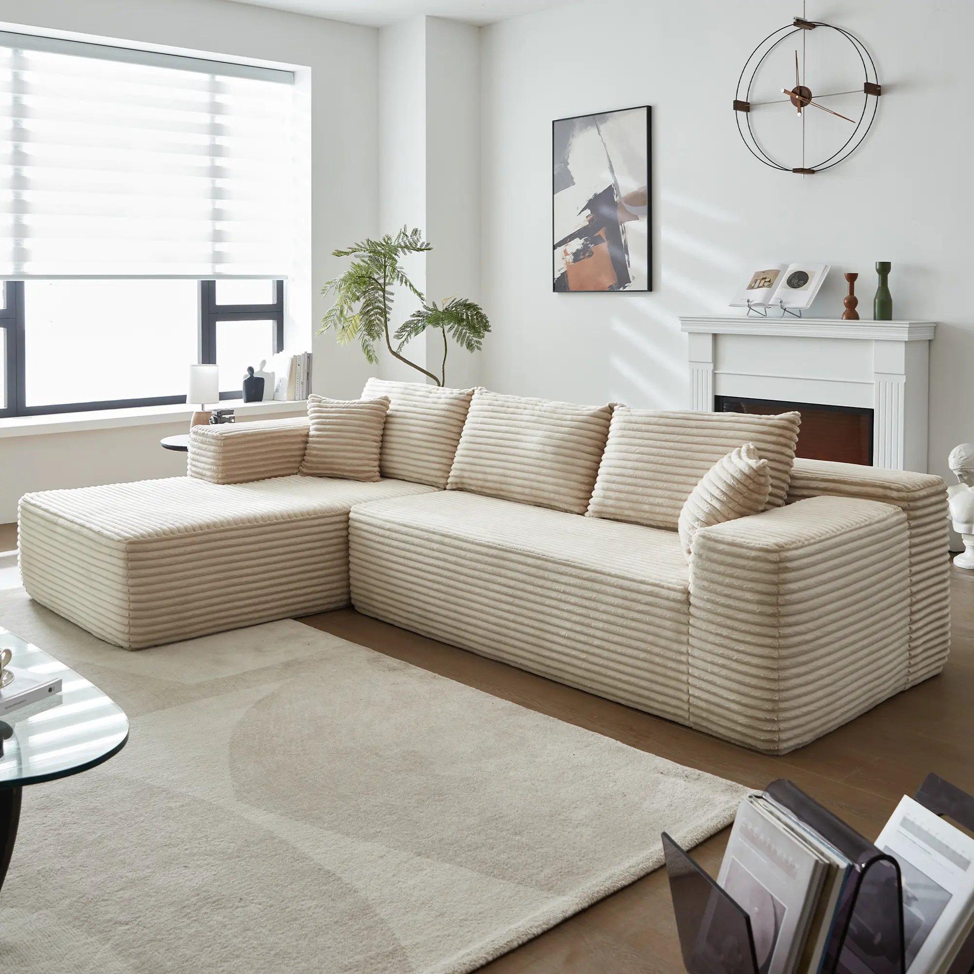 Deep Seat 2-Piece Corduroy Fabric L-Shape Modular Sectional Sofa With Chaise Upholstered Living Room Sofas No Assembly Required