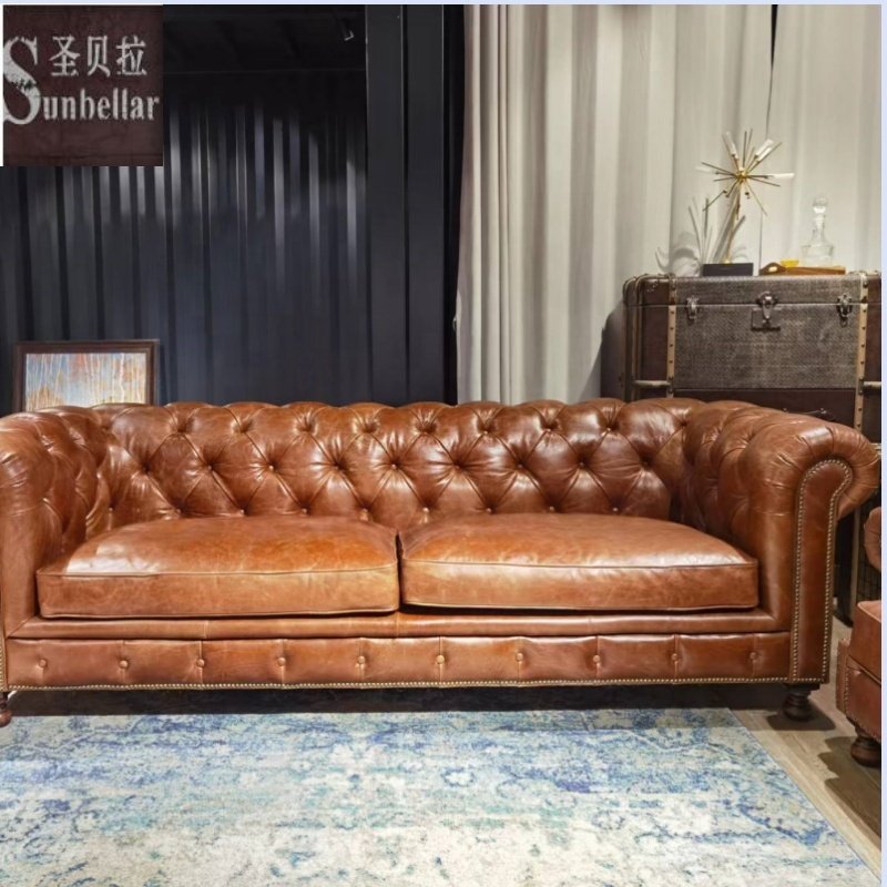 Antique High Quality vintage Genuine Leather Sofa set 100% top grain Leather Chesterfield Sofa Luxury Living Room sofa furniture