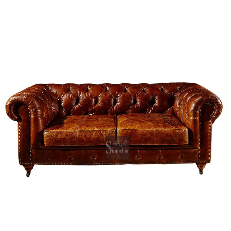Antique High Quality vintage Genuine Leather Sofa set 100% top grain Leather Chesterfield Sofa Luxury Living Room sofa furniture