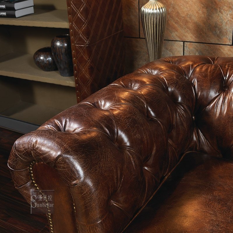 Antique High Quality vintage Genuine Leather Sofa set 100% top grain Leather Chesterfield Sofa Luxury Living Room sofa furniture