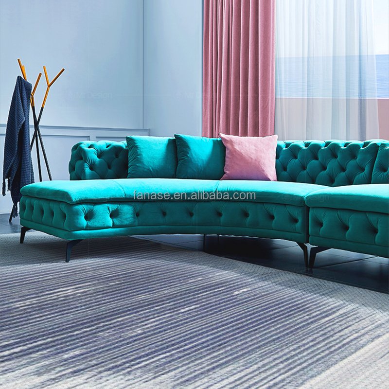 Nordic Light Luxury Fabric Sofa Villa Family Living Room Modern L-shaped Fabric Corner Pull Buckle Blue Curved Sofa