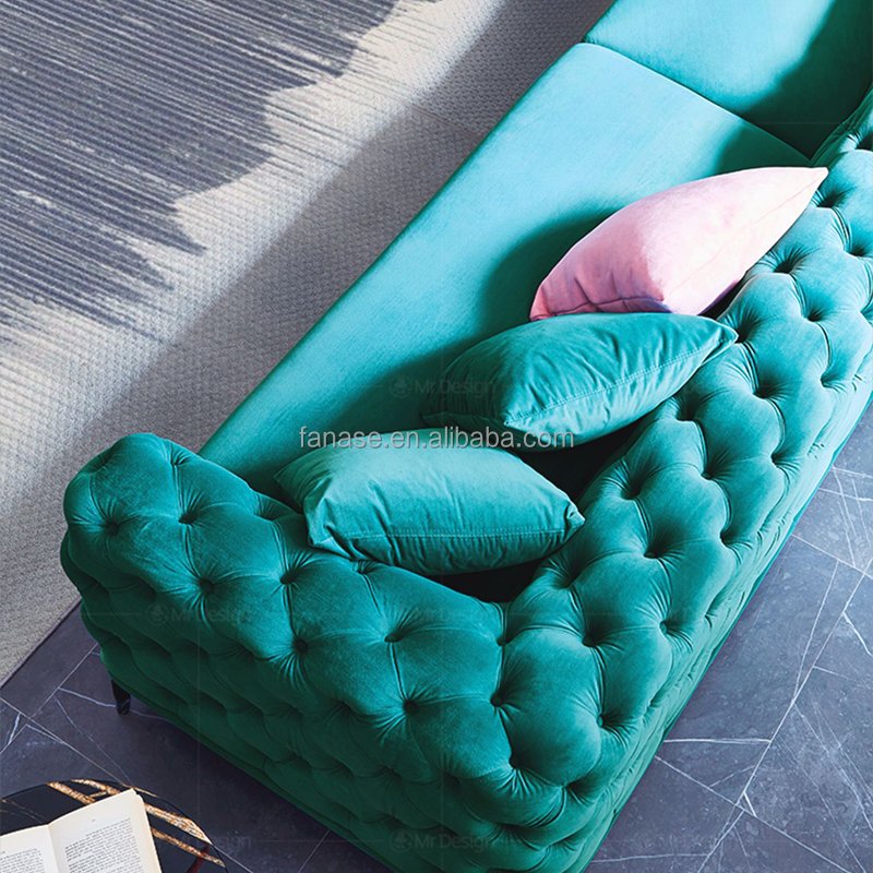 Nordic Light Luxury Fabric Sofa Villa Family Living Room Modern L-shaped Fabric Corner Pull Buckle Blue Curved Sofa