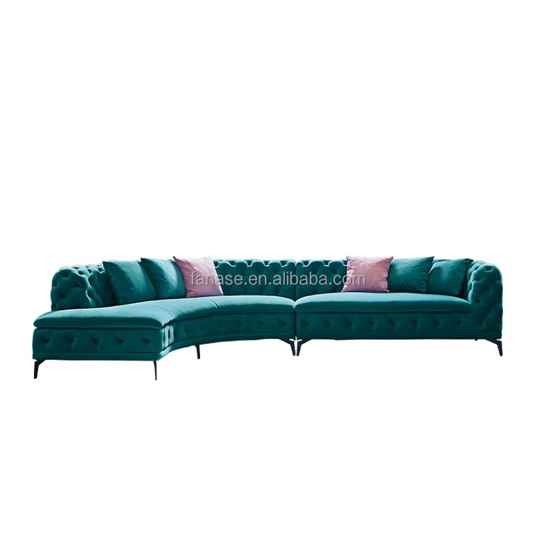 Nordic Light Luxury Fabric Sofa Villa Family Living Room Modern L-shaped Fabric Corner Pull Buckle Blue Curved Sofa