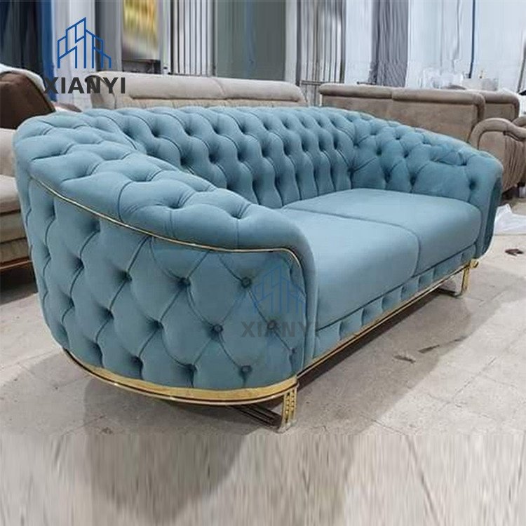American style Luxury Home blue Sofa Set chesterfield Velvet sofa with stainless steel Gold leg for living room sofas
