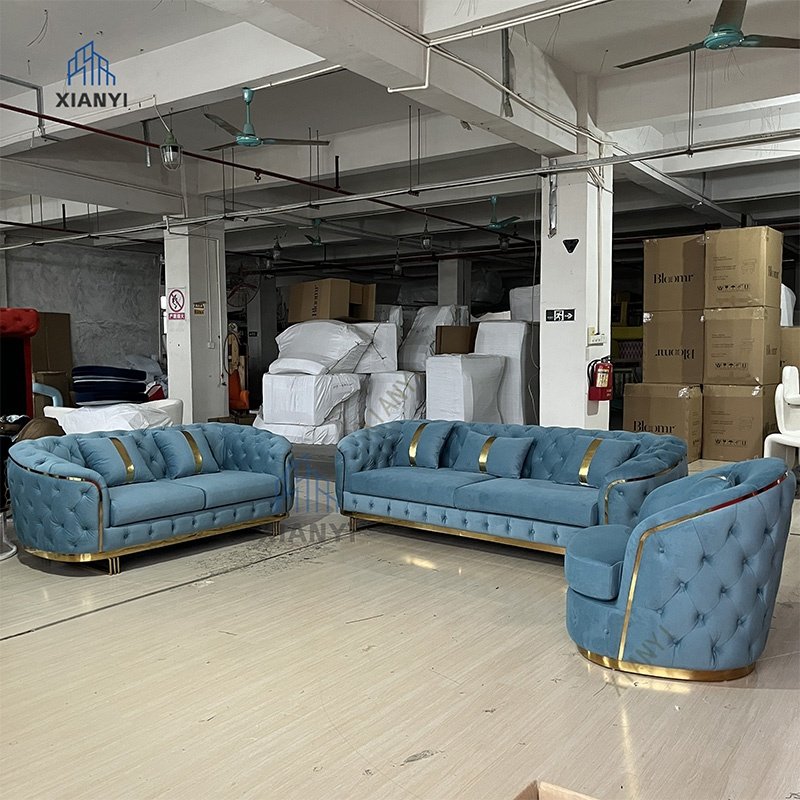 American style Luxury Home blue Sofa Set chesterfield Velvet sofa with stainless steel Gold leg for living room sofas