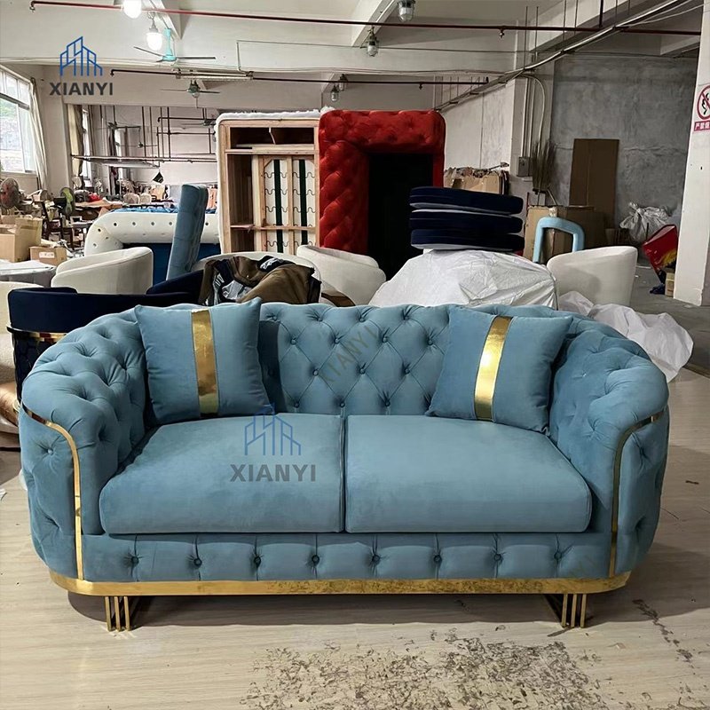 American style Luxury Home blue Sofa Set chesterfield Velvet sofa with stainless steel Gold leg for living room sofas
