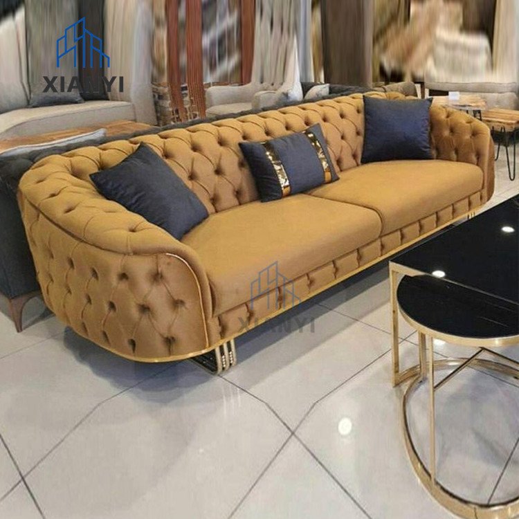 American style Luxury Home blue Sofa Set chesterfield Velvet sofa with stainless steel Gold leg for living room sofas