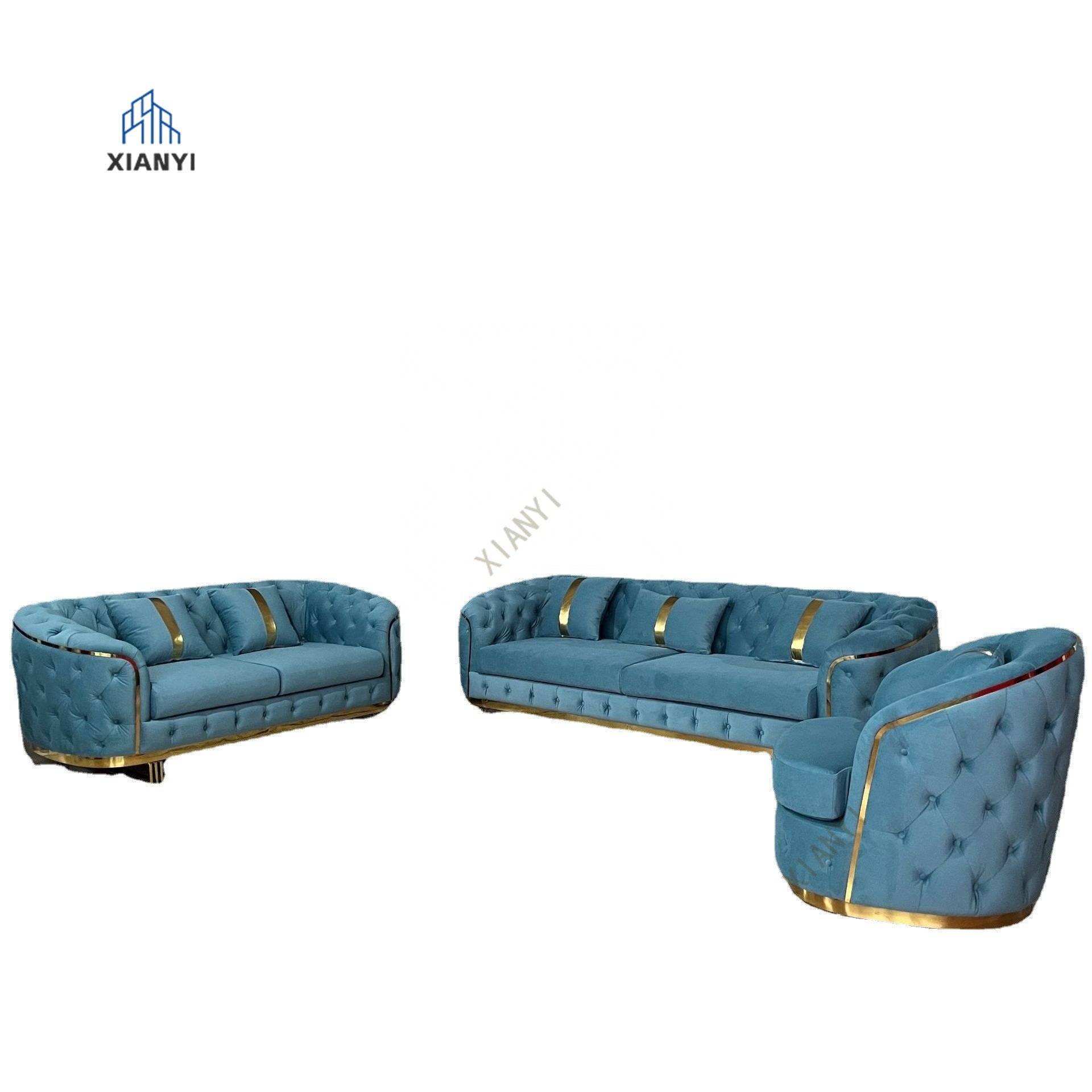 American style Luxury Home blue Sofa Set chesterfield Velvet sofa with stainless steel Gold leg for living room sofas