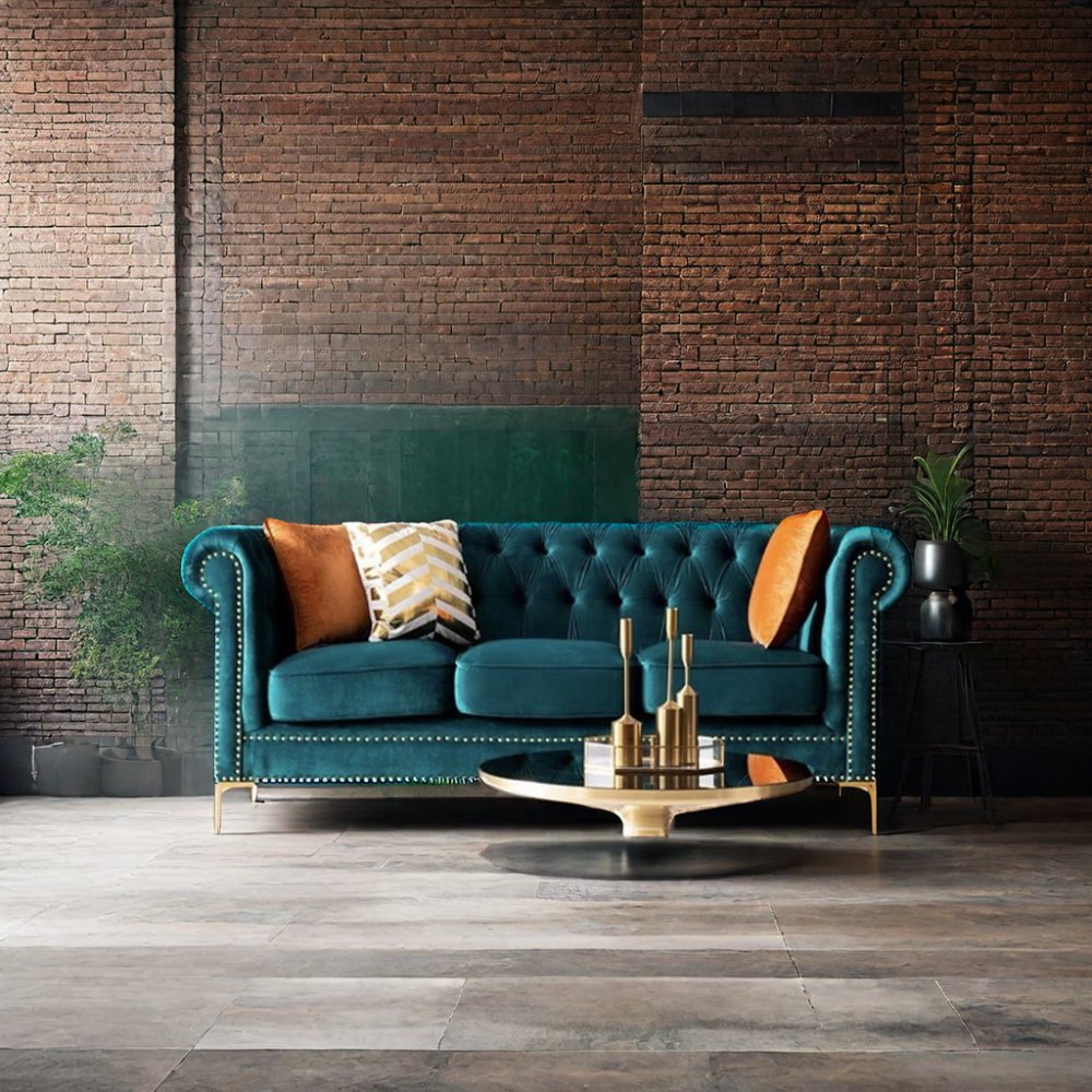 Pull Button American Luxury Modern Simple Three-seater Sofa Furniture Living Room Fabric for Home Velvet Design with Dark Green