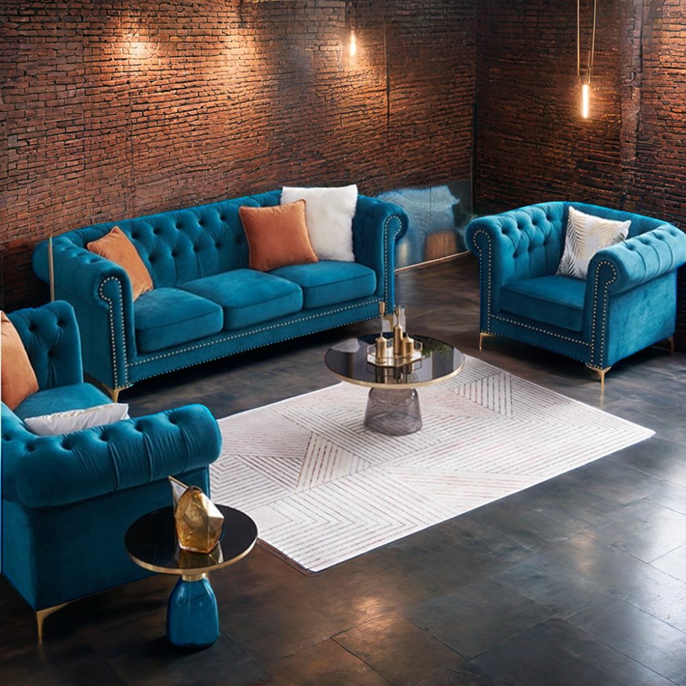 Pull Button American Luxury Modern Simple Three-seater Sofa Furniture Living Room Fabric for Home Velvet Design with Dark Green