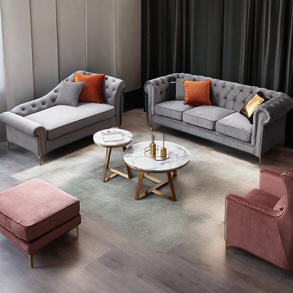 Pull Button American Luxury Modern Simple Three-seater Sofa Furniture Living Room Fabric for Home Velvet Design with Dark Green