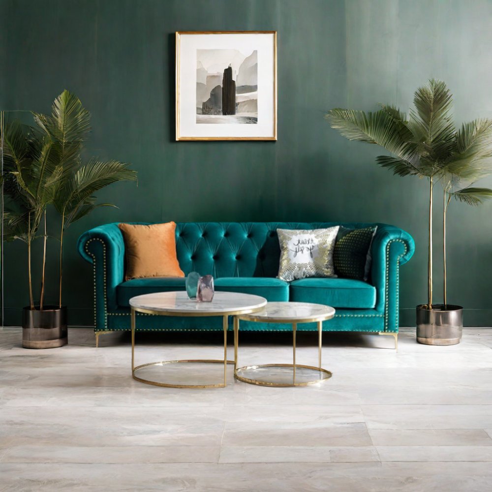Pull Button American Luxury Modern Simple Three-seater Sofa Furniture Living Room Fabric for Home Velvet Design with Dark Green