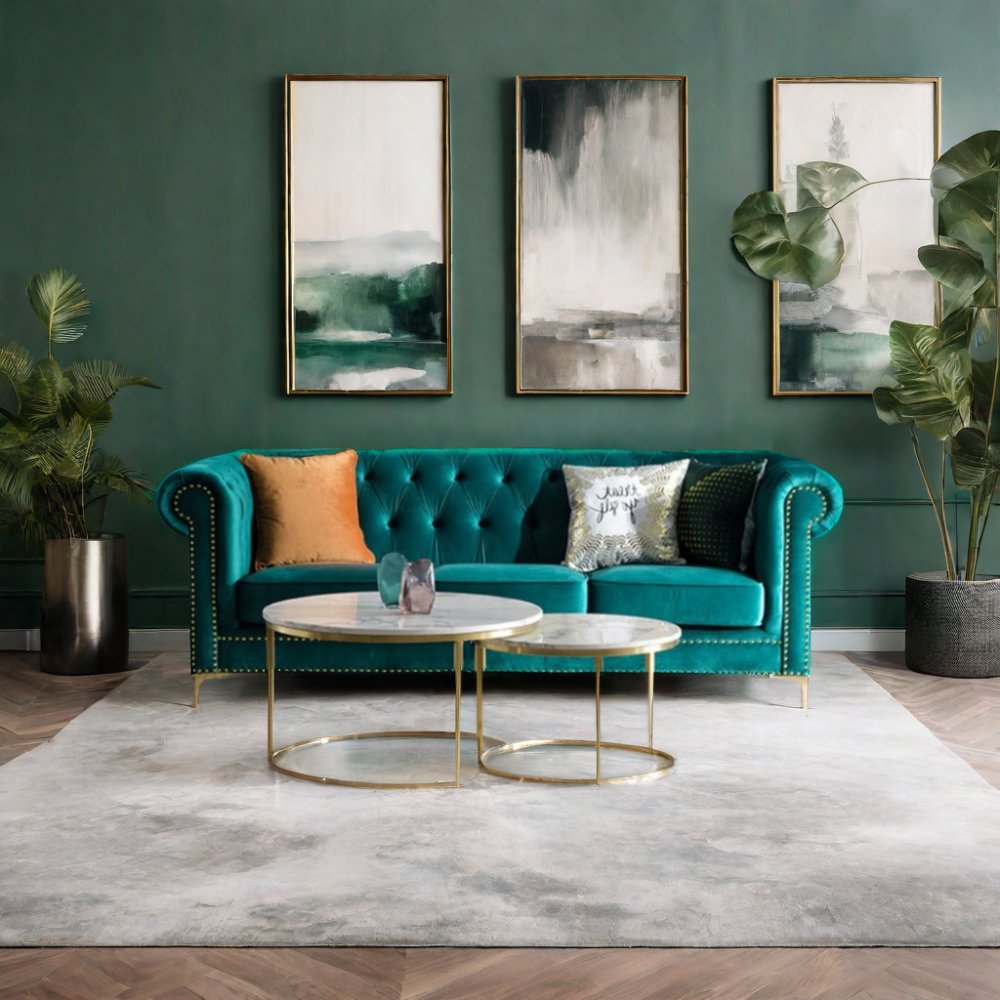 Pull Button American Luxury Modern Simple Three-seater Sofa Furniture Living Room Fabric for Home Velvet Design with Dark Green