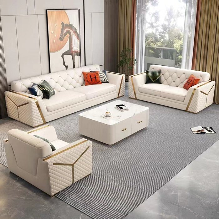 Italian-designed stainless steel modern light luxury leather chesterfield sofa living room sofas set furniture hotel villa home