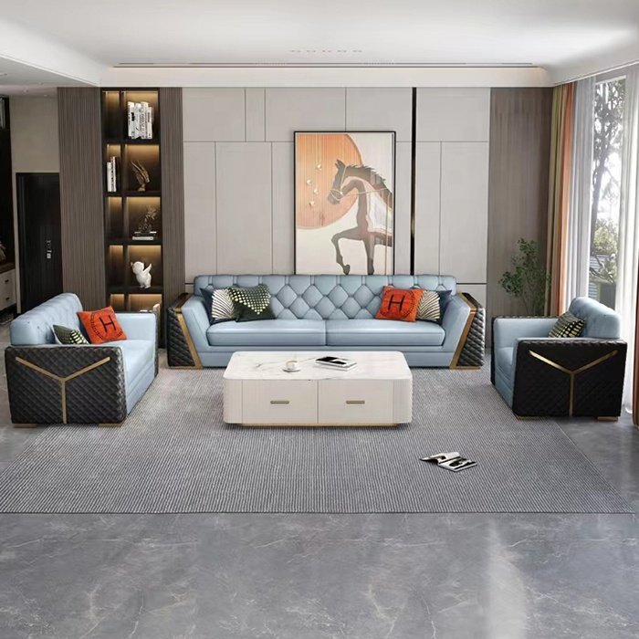 Italian-designed stainless steel modern light luxury leather chesterfield sofa living room sofas set furniture hotel villa home