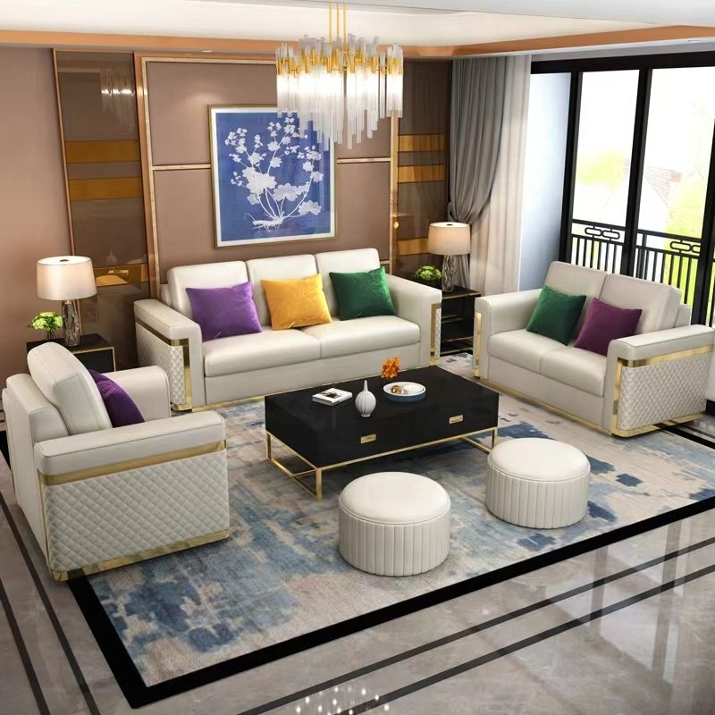 Italian-designed stainless steel modern light luxury leather chesterfield sofa living room sofas set furniture hotel villa home
