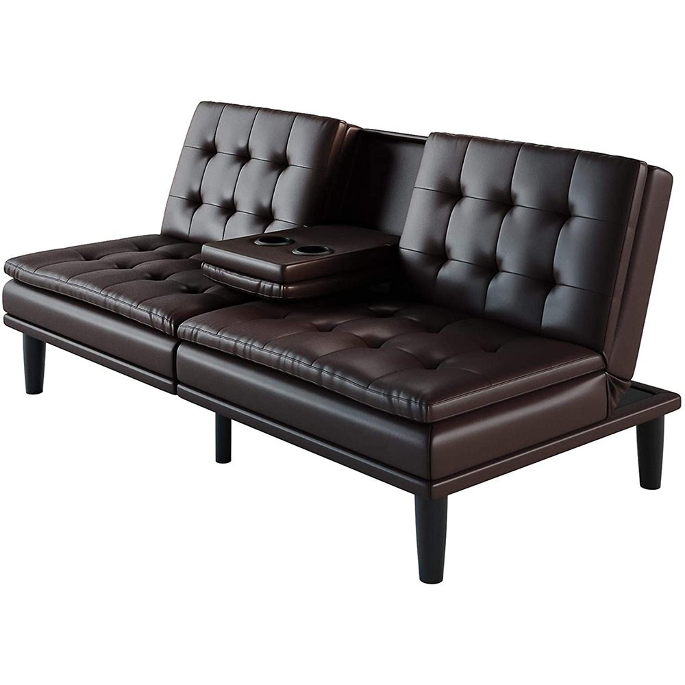 Living Room Furniture Contemporary brown Faux Leather Tufted Futon With cup-holder Sofa Bed Living Room Sofas