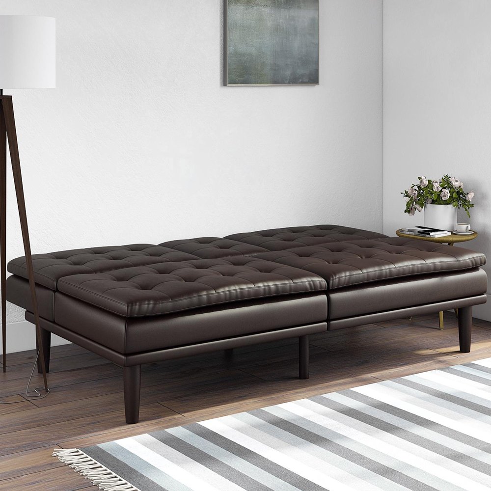 Living Room Furniture Contemporary brown Faux Leather Tufted Futon With cup-holder Sofa Bed Living Room Sofas