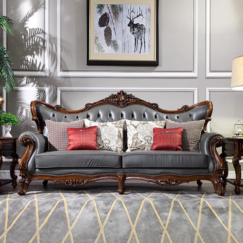 Accept customization American style luxury carved furniture genuine leather living room sofa 123 villa sofa set hand carved sofa