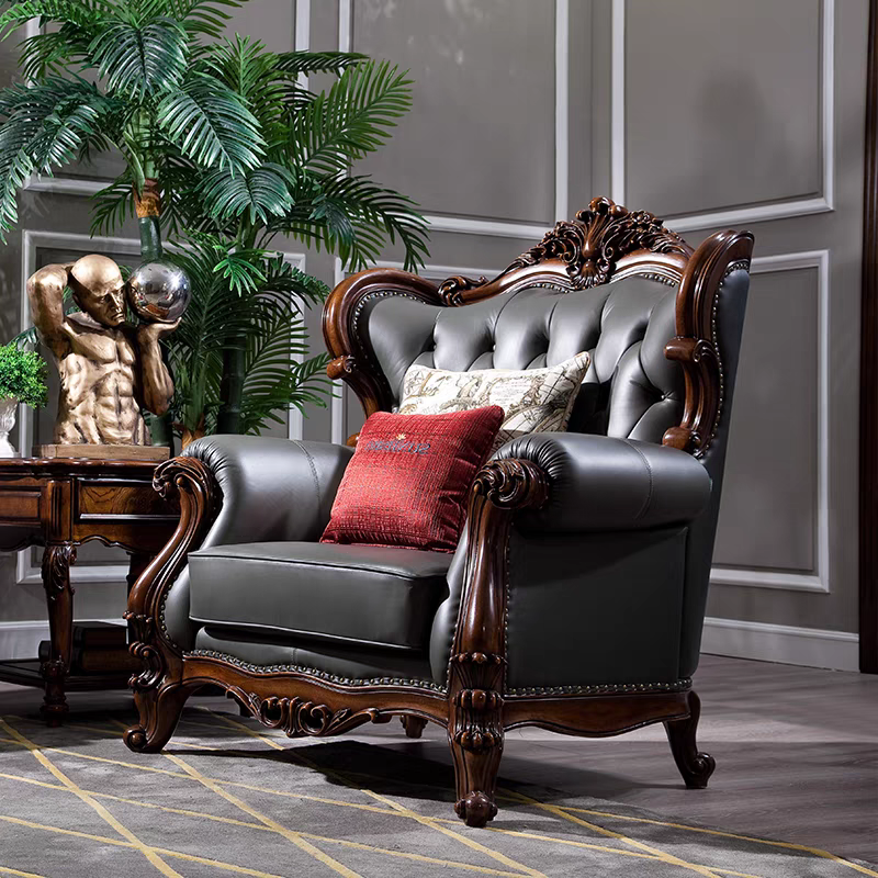 Accept customization American style luxury carved furniture genuine leather living room sofa 123 villa sofa set hand carved sofa