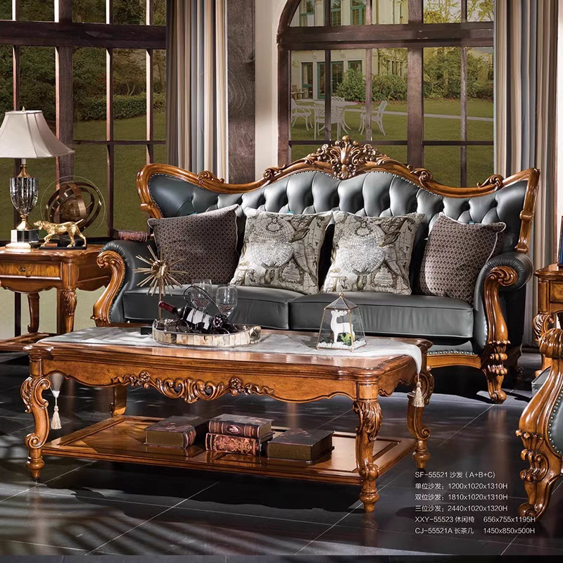 Accept customization American style luxury carved furniture genuine leather living room sofa 123 villa sofa set hand carved sofa