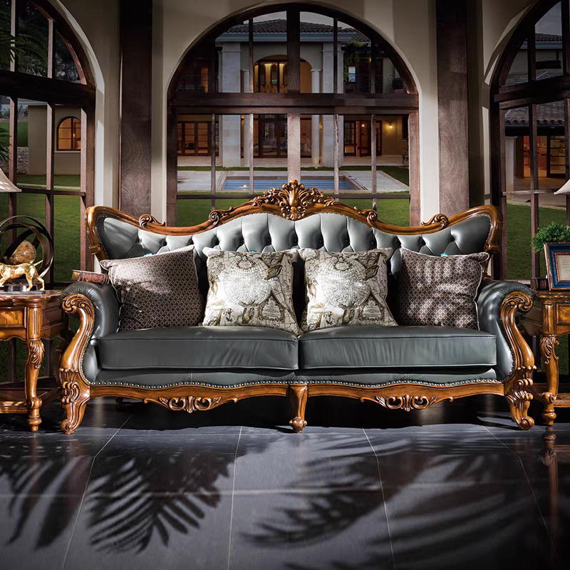 Accept customization American style luxury carved furniture genuine leather living room sofa 123 villa sofa set hand carved sofa