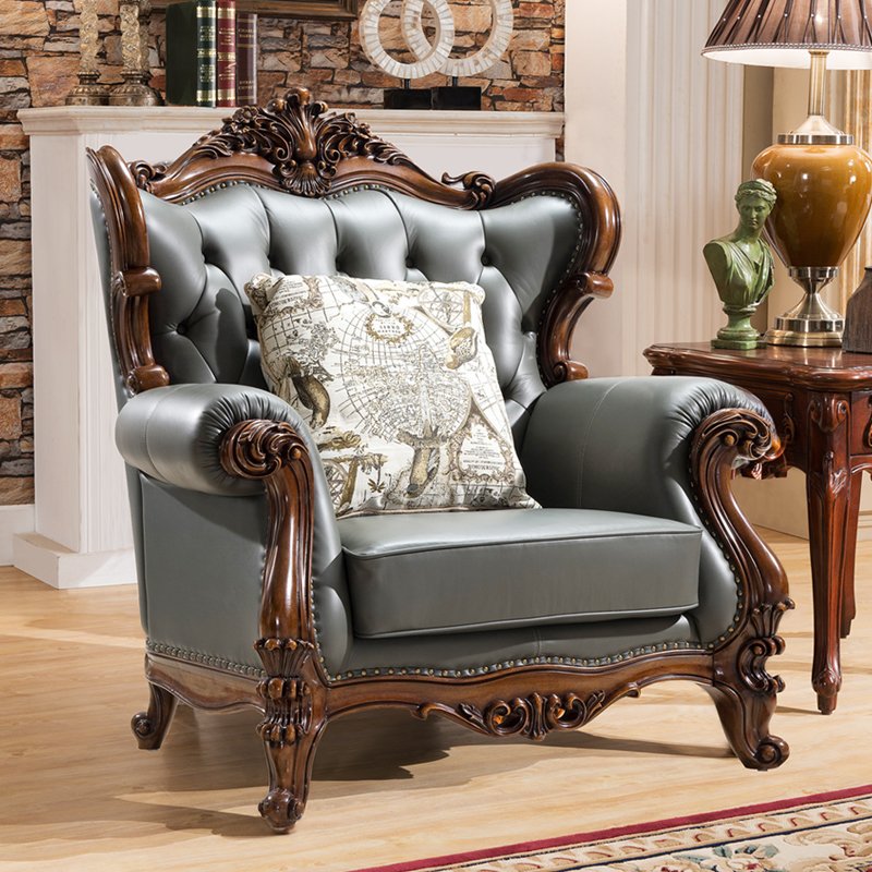 Accept customization American style luxury carved furniture genuine leather living room sofa 123 villa sofa set hand carved sofa