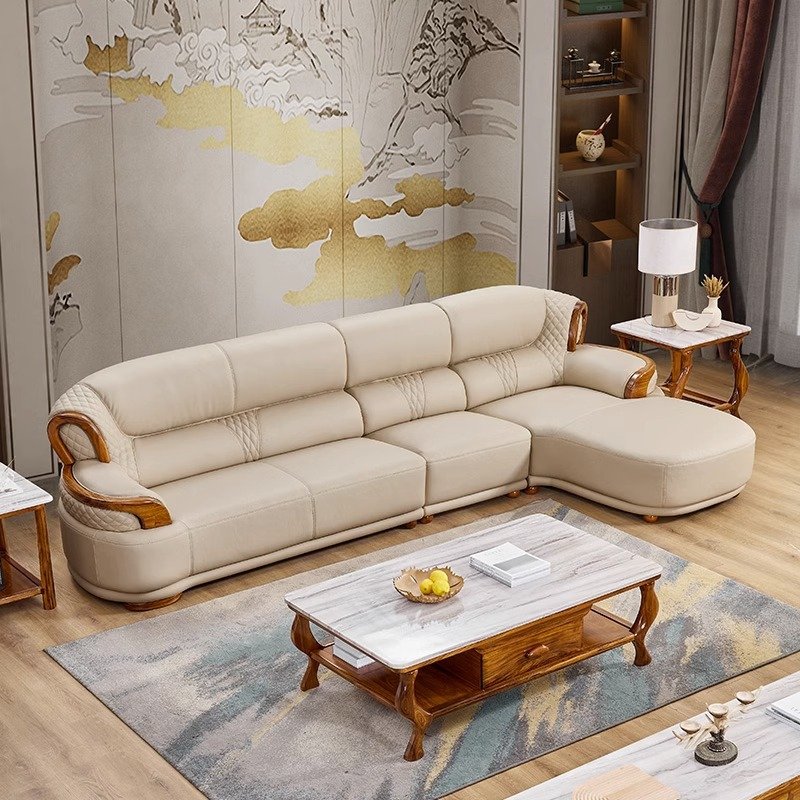 Luxury Uginwood leather sofa combination all solid wood sofa luxury living room light luxury sofa set furniture
