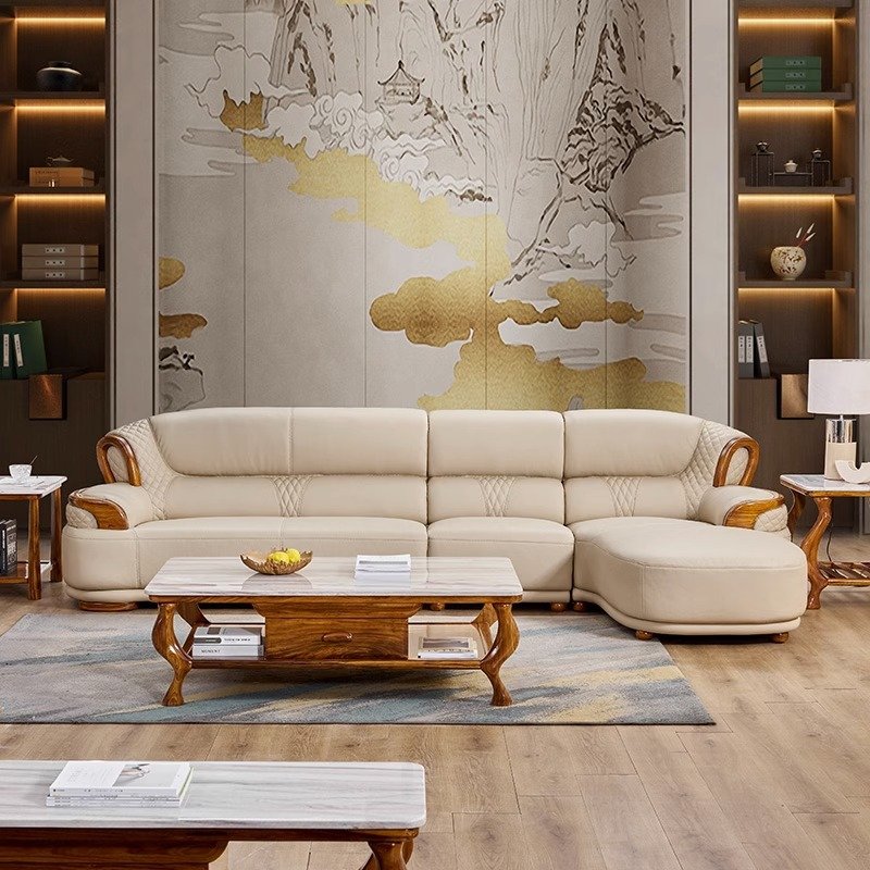Luxury Uginwood leather sofa combination all solid wood sofa luxury living room light luxury sofa set furniture