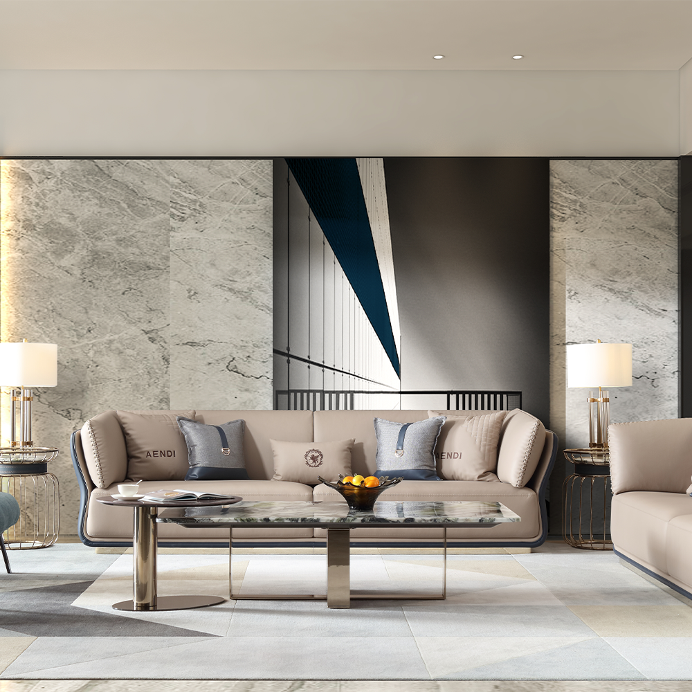 Italian Minimalist Genuine Leather Sofa Living Room Sofa Set Straight Row Three Seater Furniture Sofa