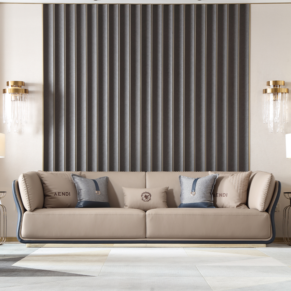 Italian Minimalist Genuine Leather Sofa Living Room Sofa Set Straight Row Three Seater Furniture Sofa