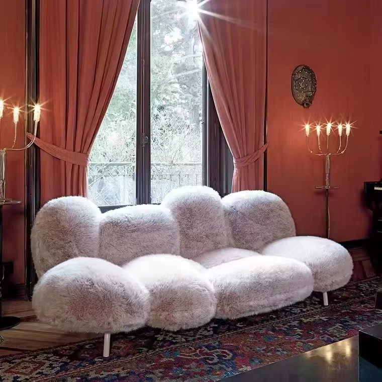 beauty Italian designer furniture pink plush velvet powder puff 3 seater sofa living room sofas