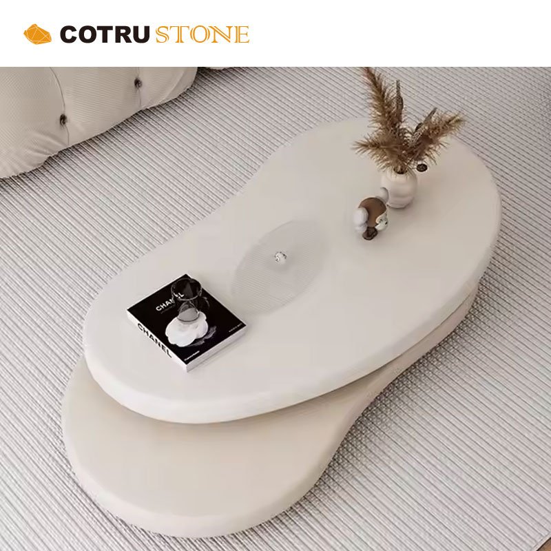 Modern Irregular Shape Interior Luxury Unique Design Travertine Rotatable Double Decker Sofa Coffee Table For Living Room Centre