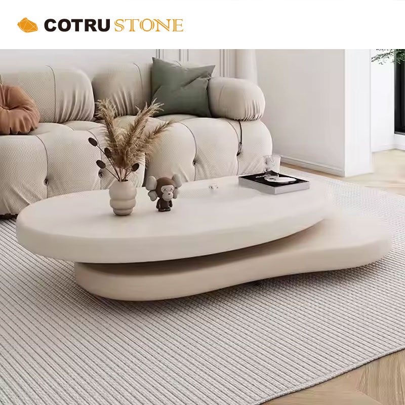Modern Irregular Shape Interior Luxury Unique Design Travertine Rotatable Double Decker Sofa Coffee Table For Living Room Centre